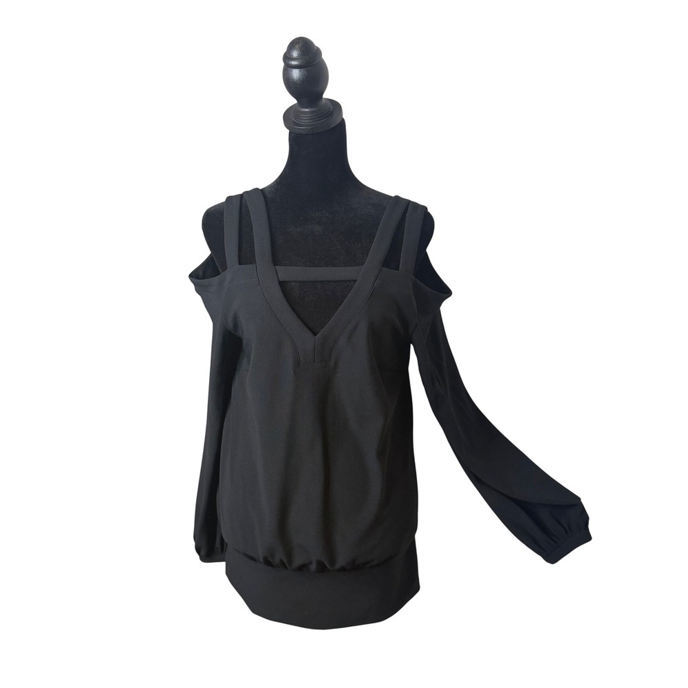 Boston Proper Cold Shoulder Blouson‎ Top Womens S Black Strappy Cut Out Chic